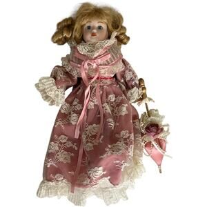 Vintage Porcelain Doll Victorian Dress Lace Blonde Curls